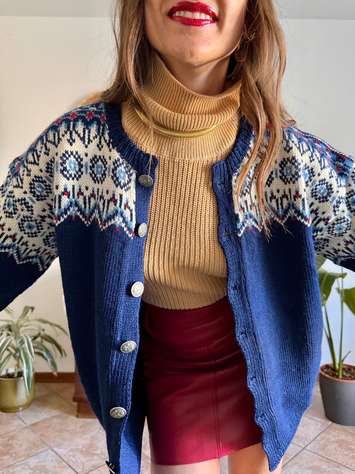 1970's vintage navy blue wool knit cardigan with red and white geometric knit pattern