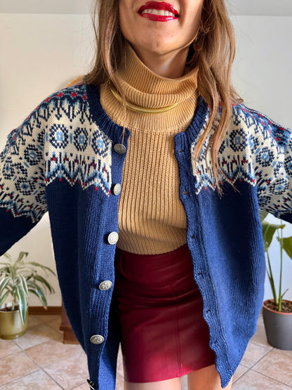 1970's vintage navy blue wool knit cardigan with red and white geometric knit pattern