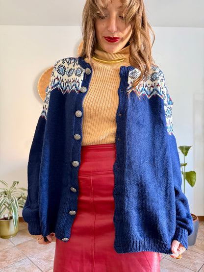 1970's vintage navy blue wool knit cardigan with red and white geometric knit pattern