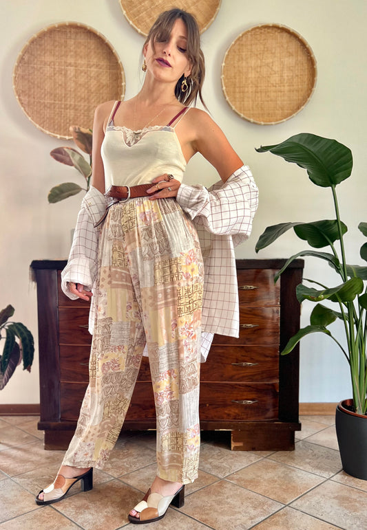 1990's vintage pink, yellow and grey floral patchwork print pants