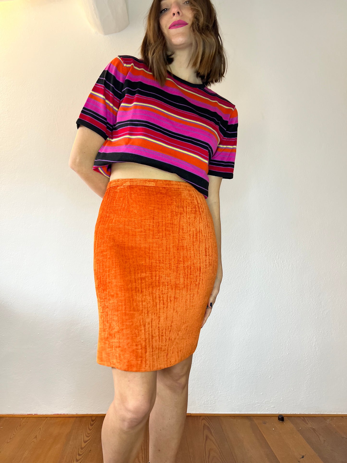 1970's vintage orange chenille mini skirt