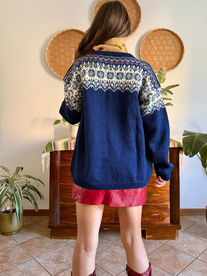 1970's vintage navy blue wool knit cardigan with red and white geometric knit pattern
