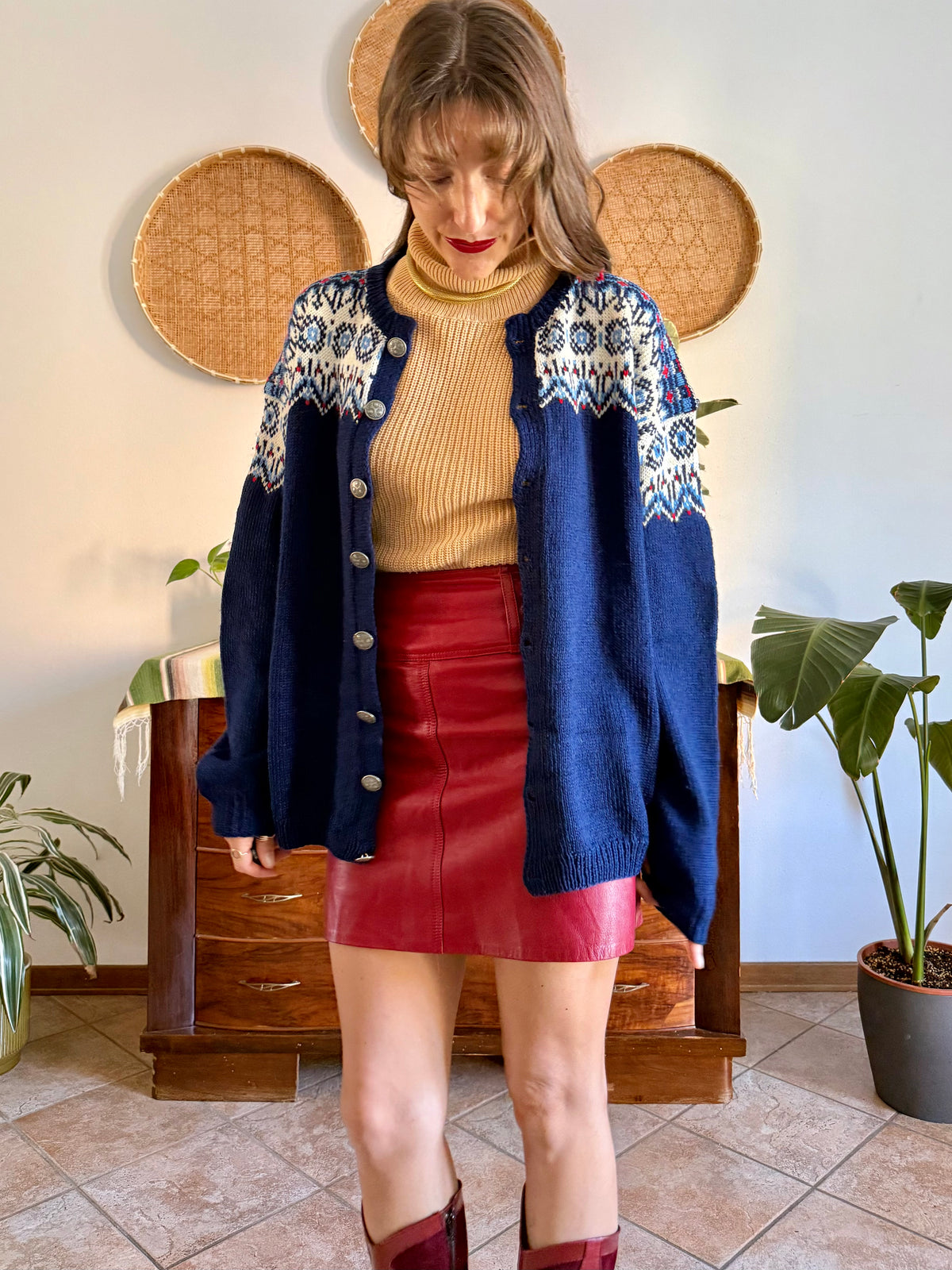 1970's vintage navy blue wool knit cardigan with red and white geometric knit pattern