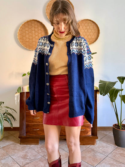 1970's vintage navy blue wool knit cardigan with red and white geometric knit pattern