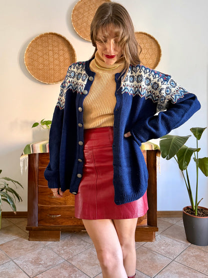 1970's vintage navy blue wool knit cardigan with red and white geometric knit pattern