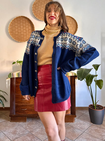 1970's vintage navy blue wool knit cardigan with red and white geometric knit pattern