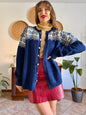 1970's vintage navy blue wool knit cardigan with red and white geometric knit pattern