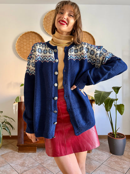 1970's vintage navy blue wool knit cardigan with red and white geometric knit pattern