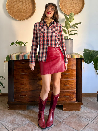 1990's vintage red, navy and tan western plaid shirt with geometric embroidery