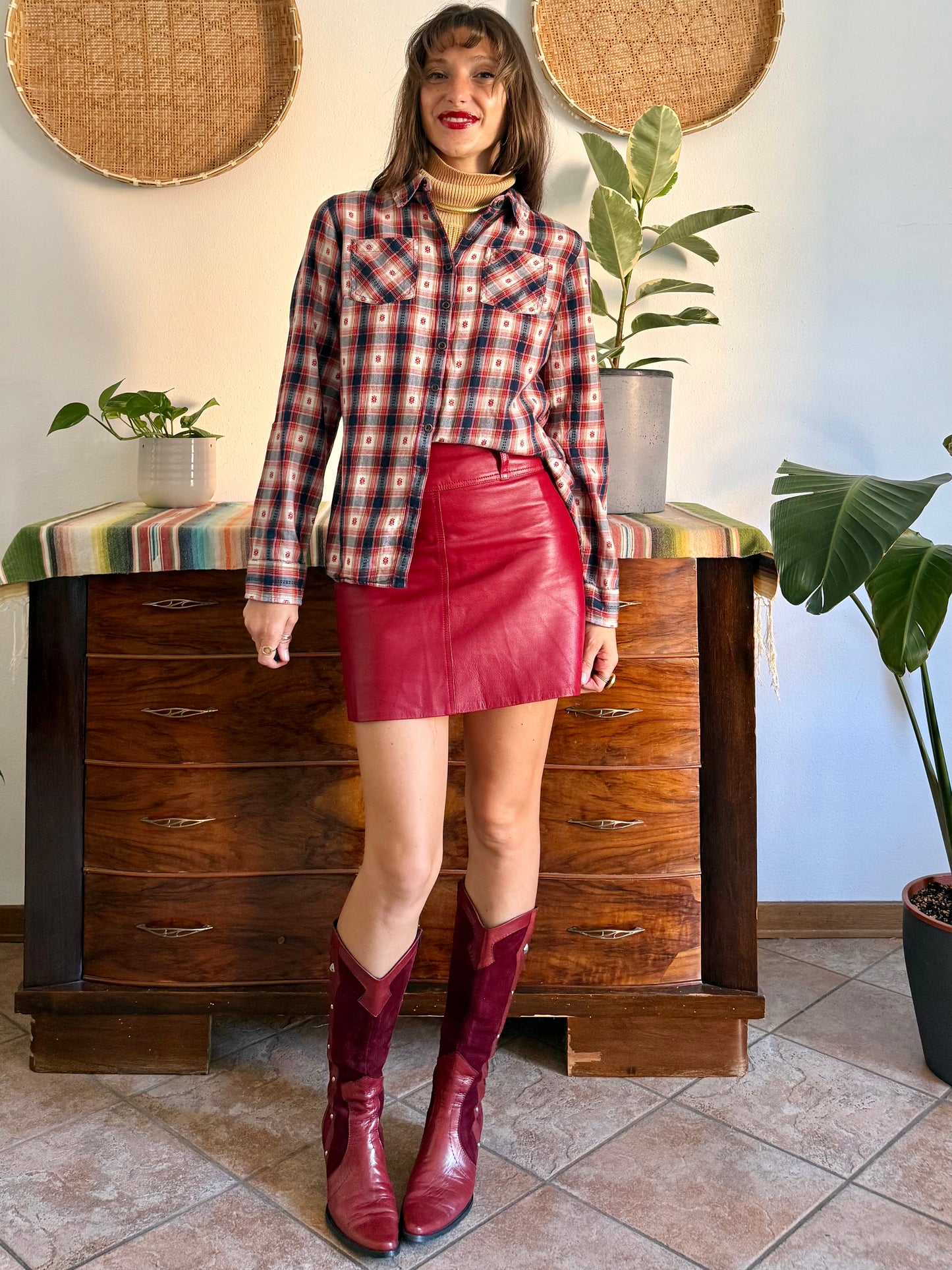 1990's vintage red, navy and tan western plaid shirt with geometric embroidery