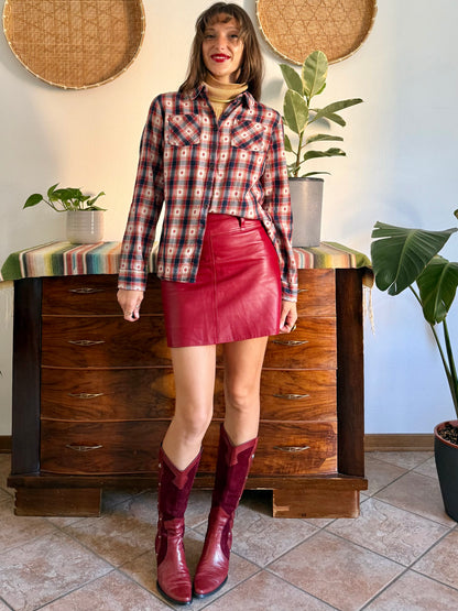 1990's vintage red, navy and tan western plaid shirt with geometric embroidery
