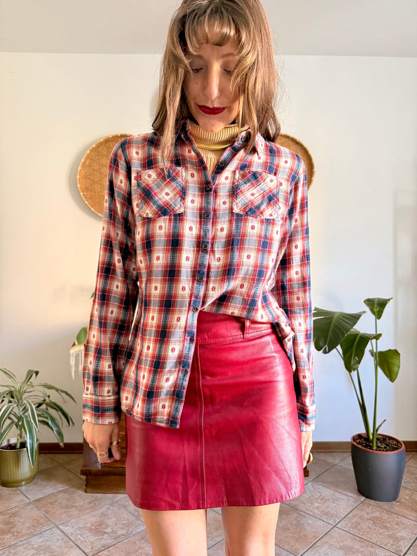 1990's vintage red, navy and tan western plaid shirt with geometric embroidery
