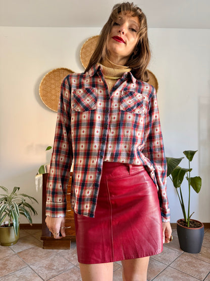 1990's vintage red, navy and tan western plaid shirt with geometric embroidery