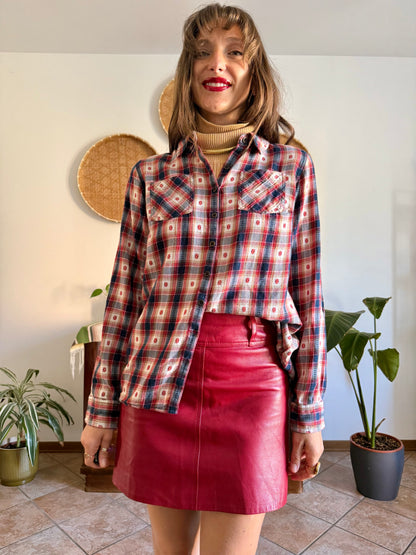 1990's vintage red, navy and tan western plaid shirt with geometric embroidery