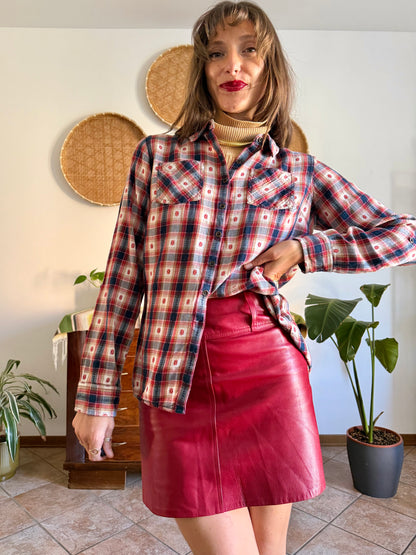 1990's vintage red, navy and tan western plaid shirt with geometric embroidery