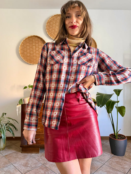 1990's vintage red, navy and tan western plaid shirt with geometric embroidery