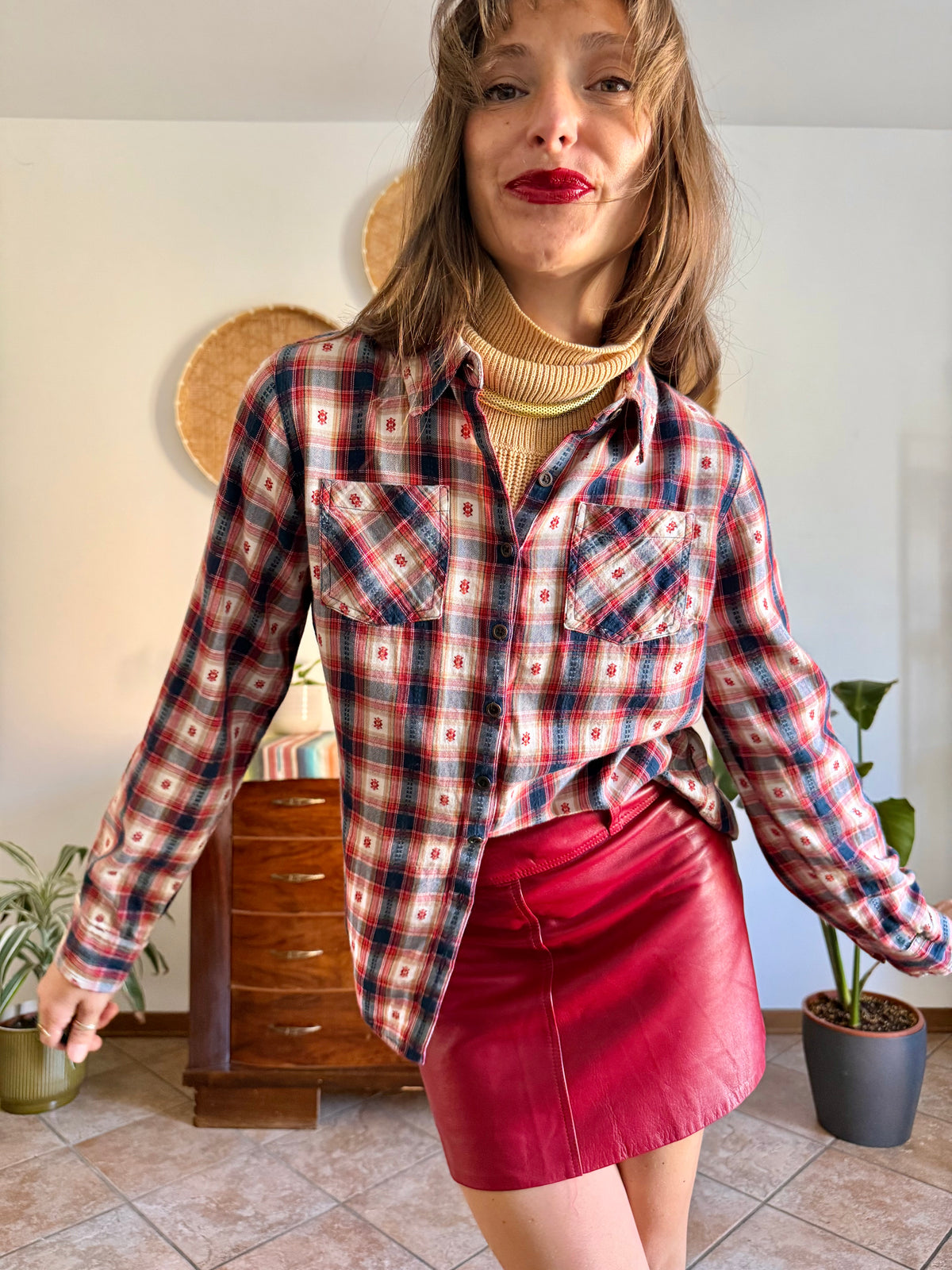 1990's vintage red, navy and tan western plaid shirt with geometric embroidery