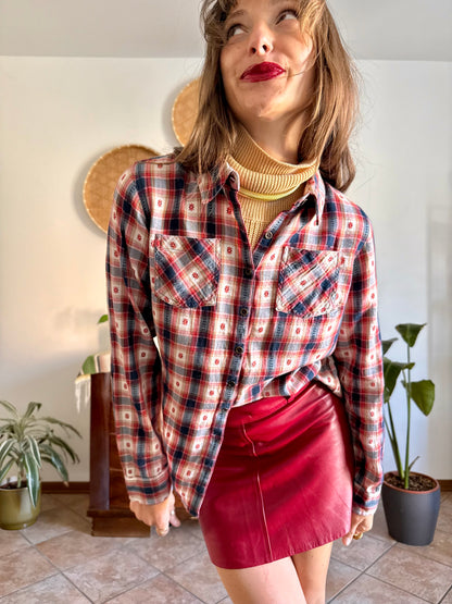 1990's vintage red, navy and tan western plaid shirt with geometric embroidery