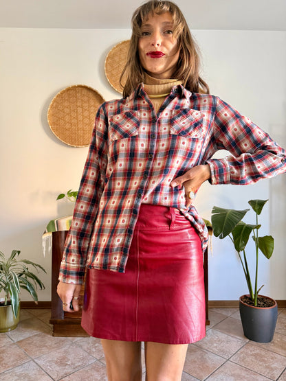 1990's vintage red, navy and tan western plaid shirt with geometric embroidery