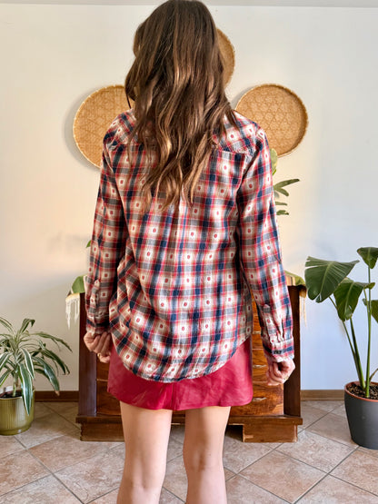 1990's vintage red, navy and tan western plaid shirt with geometric embroidery