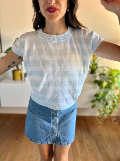 1970's vintage light blue and white stripe knit top