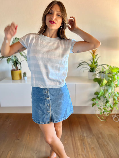 1970's vintage light blue and white stripe knit top