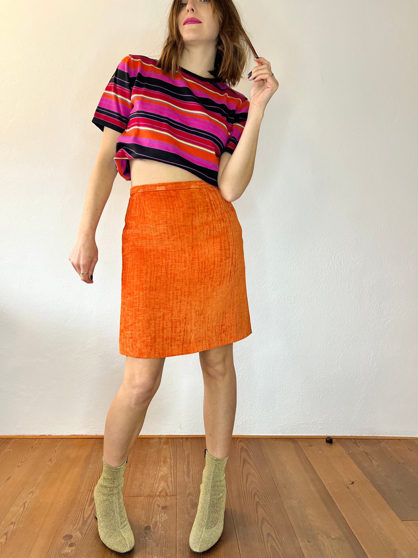 1970's vintage orange chenille mini skirt