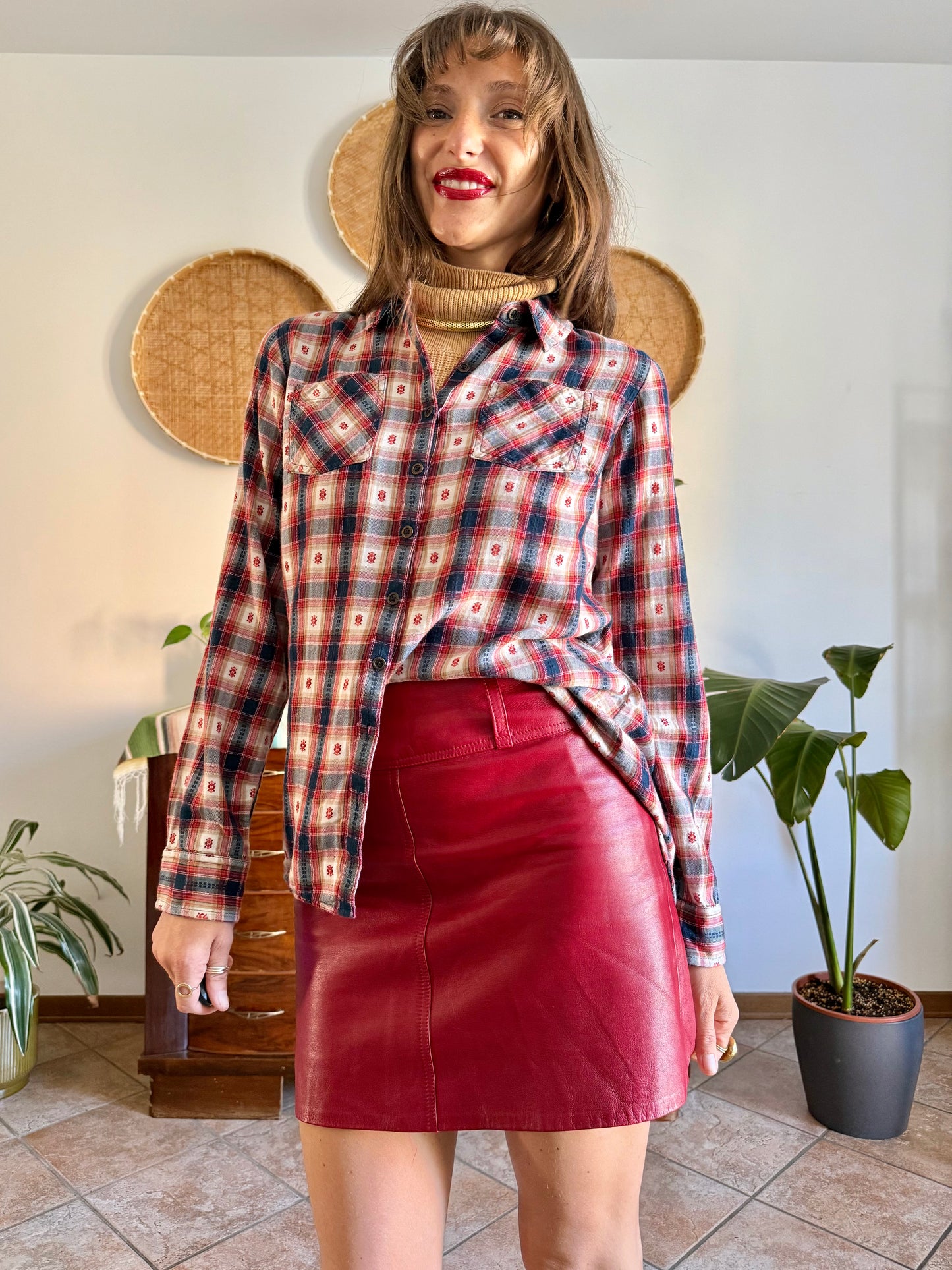 1990's vintage red, navy and tan western plaid shirt with geometric embroidery