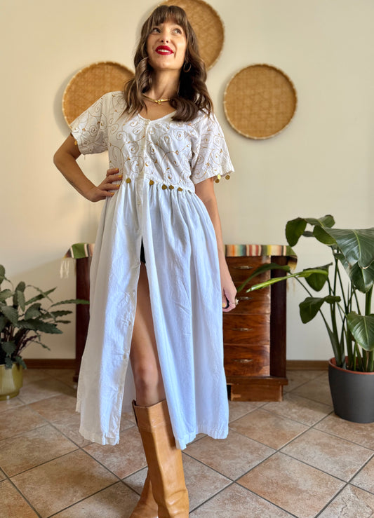 1970’s vintage white cotton prairie midi dress with gold floral embroidery and brass coin detailing