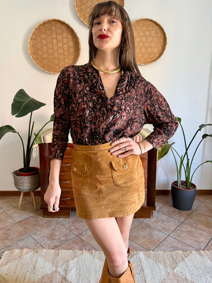 1970's vintage clack and chocolate brown abstract print silk blouse