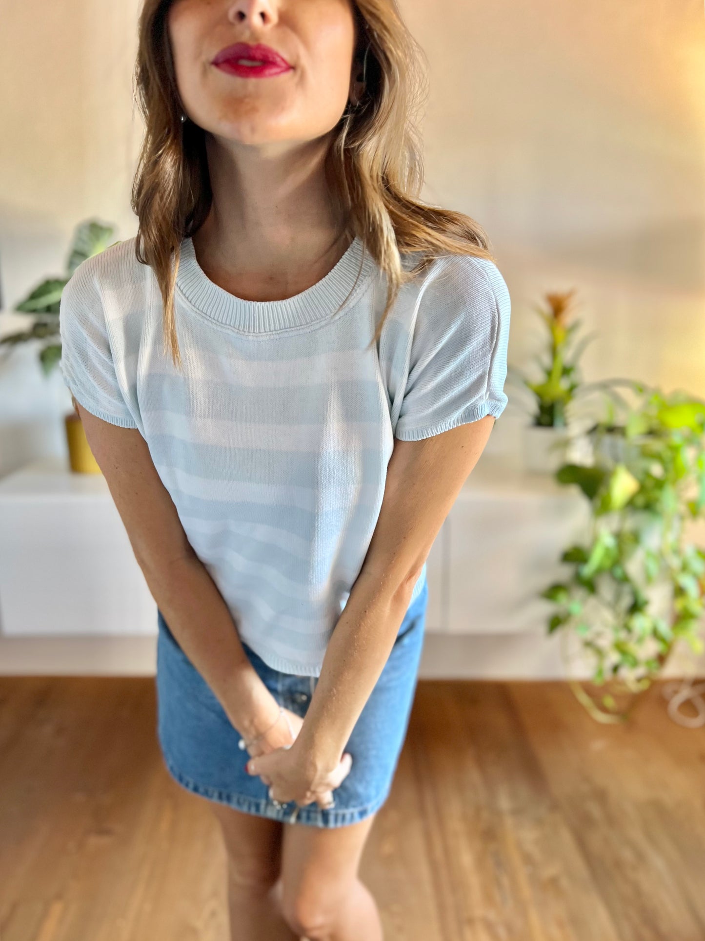 1970's vintage light blue and white stripe knit top