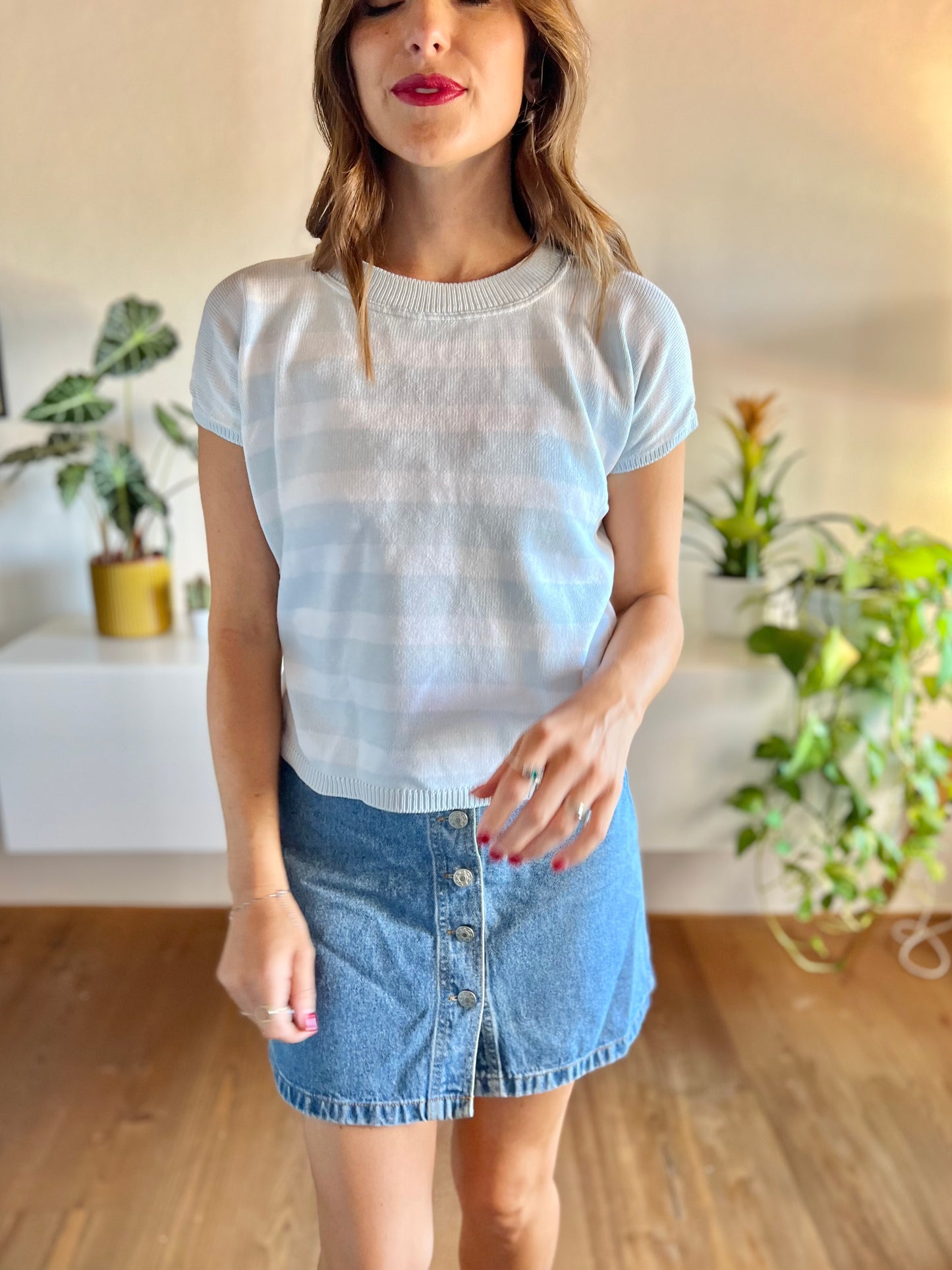 1970's vintage light blue and white stripe knit top