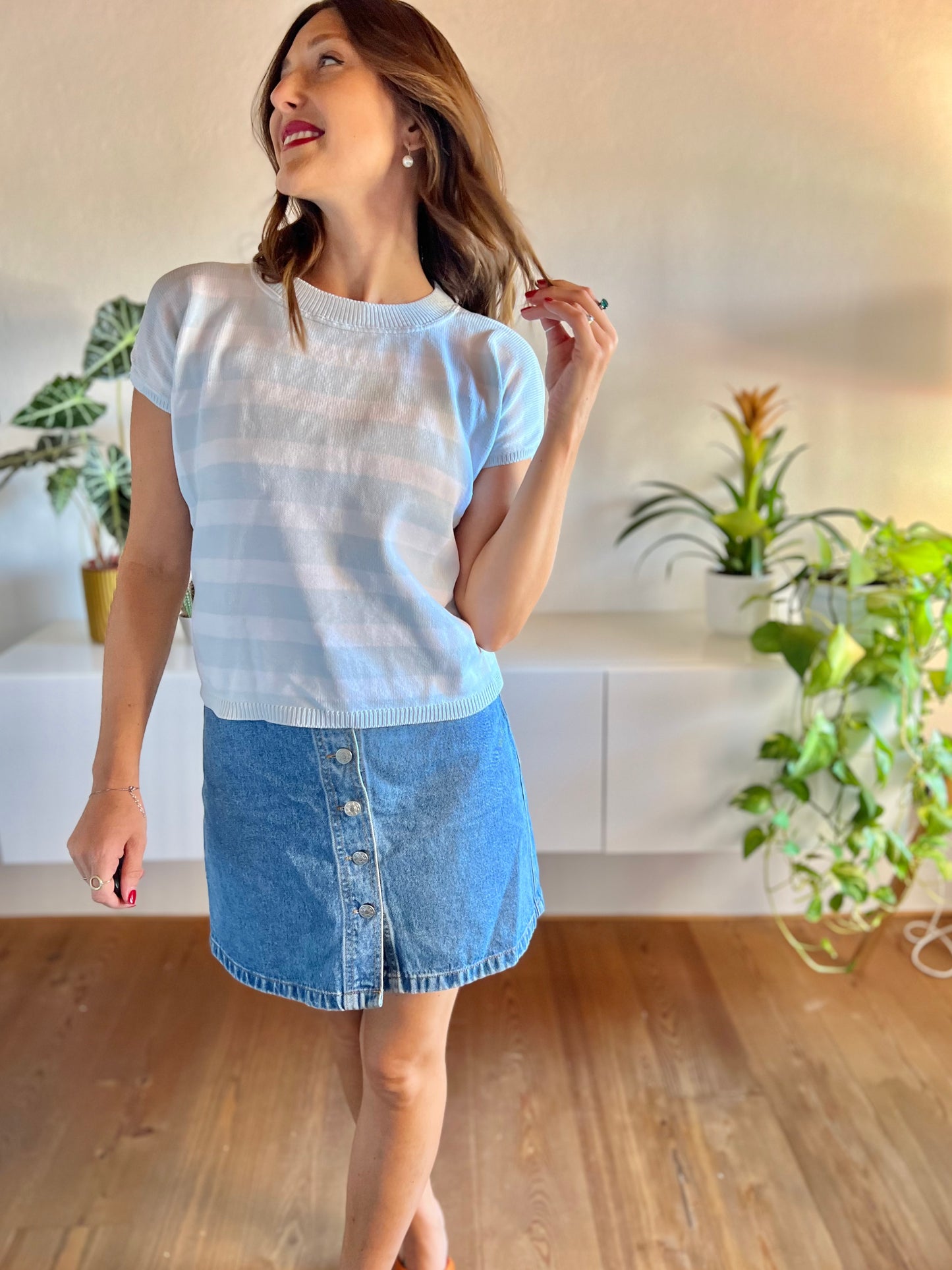 1970's vintage light blue and white stripe knit top