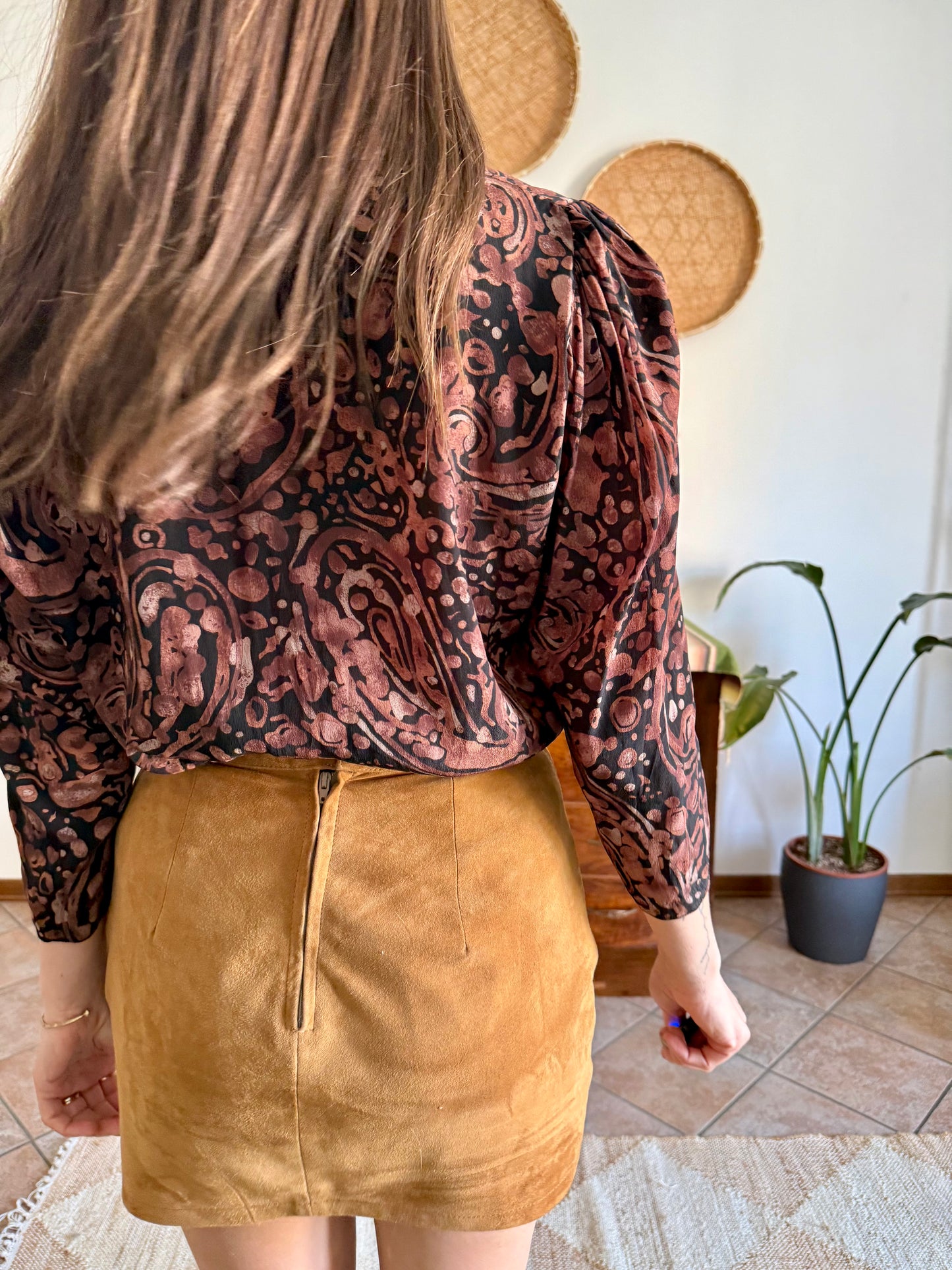 1970's vintage clack and chocolate brown abstract print silk blouse