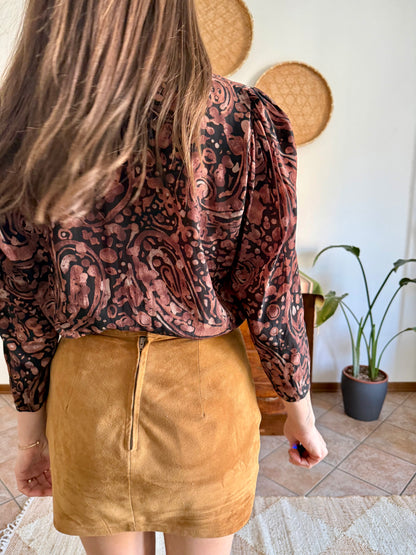 1970's vintage clack and chocolate brown abstract print silk blouse