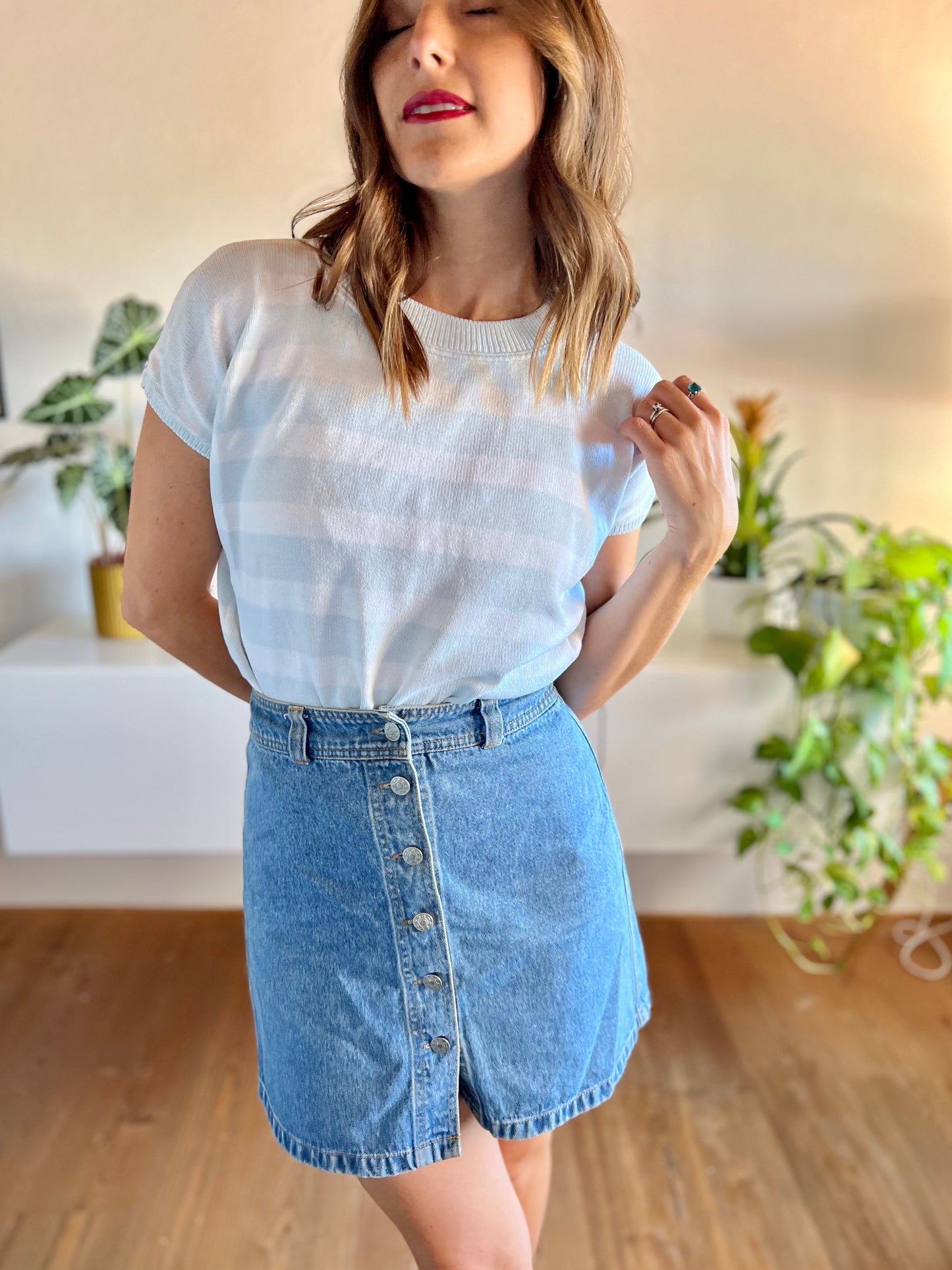 1970's vintage light blue and white stripe knit top