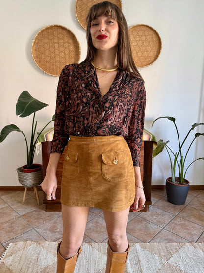 1970's vintage clack and chocolate brown abstract print silk blouse