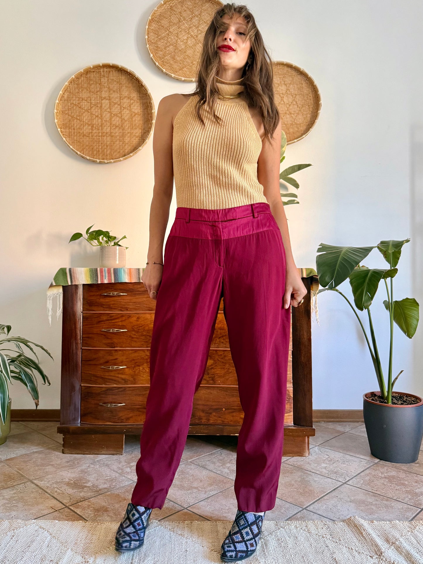 Burgundy Salvatore Ferragamo tailored trousers with satin detailing