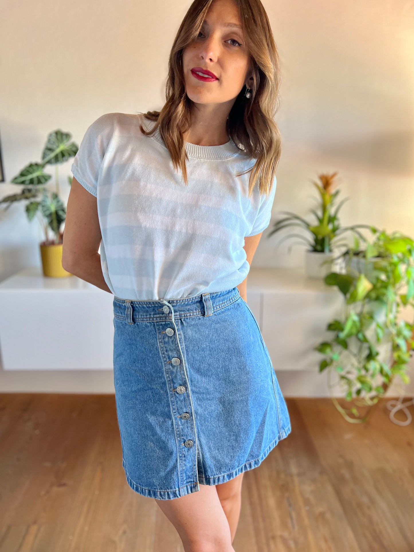 1970's vintage light blue and white stripe knit top