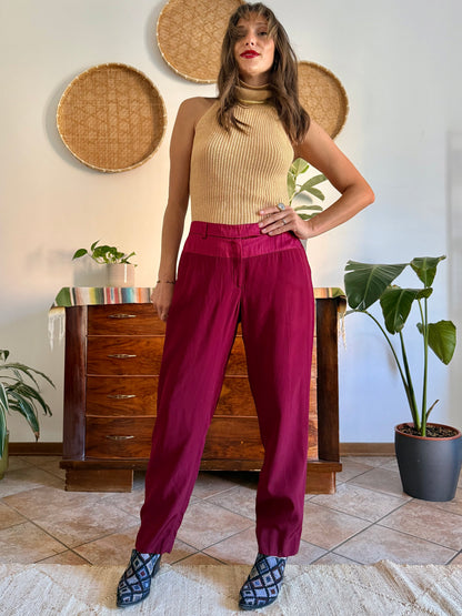 Burgundy Salvatore Ferragamo tailored trousers with satin detailing