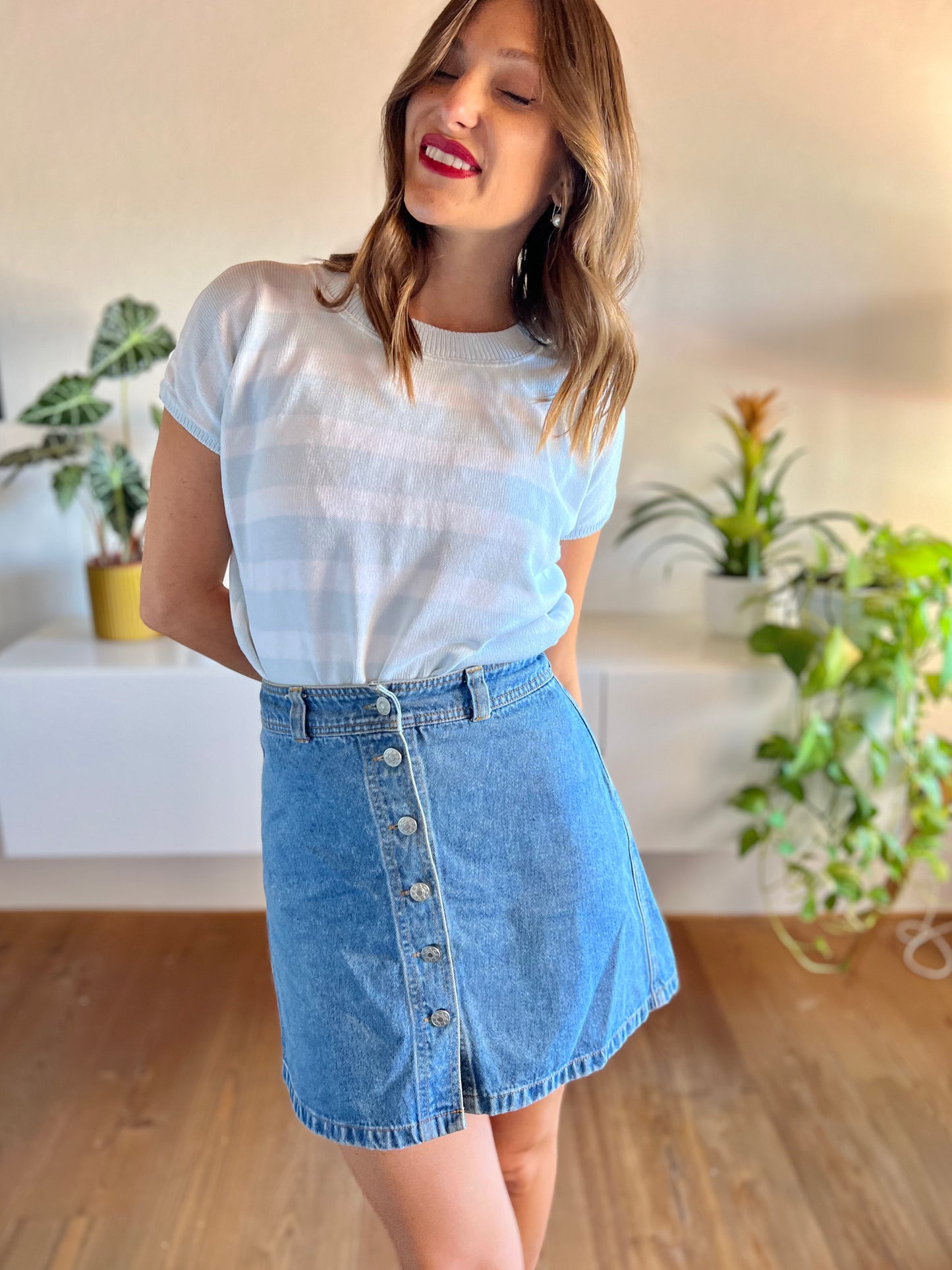 1970's vintage light blue and white stripe knit top