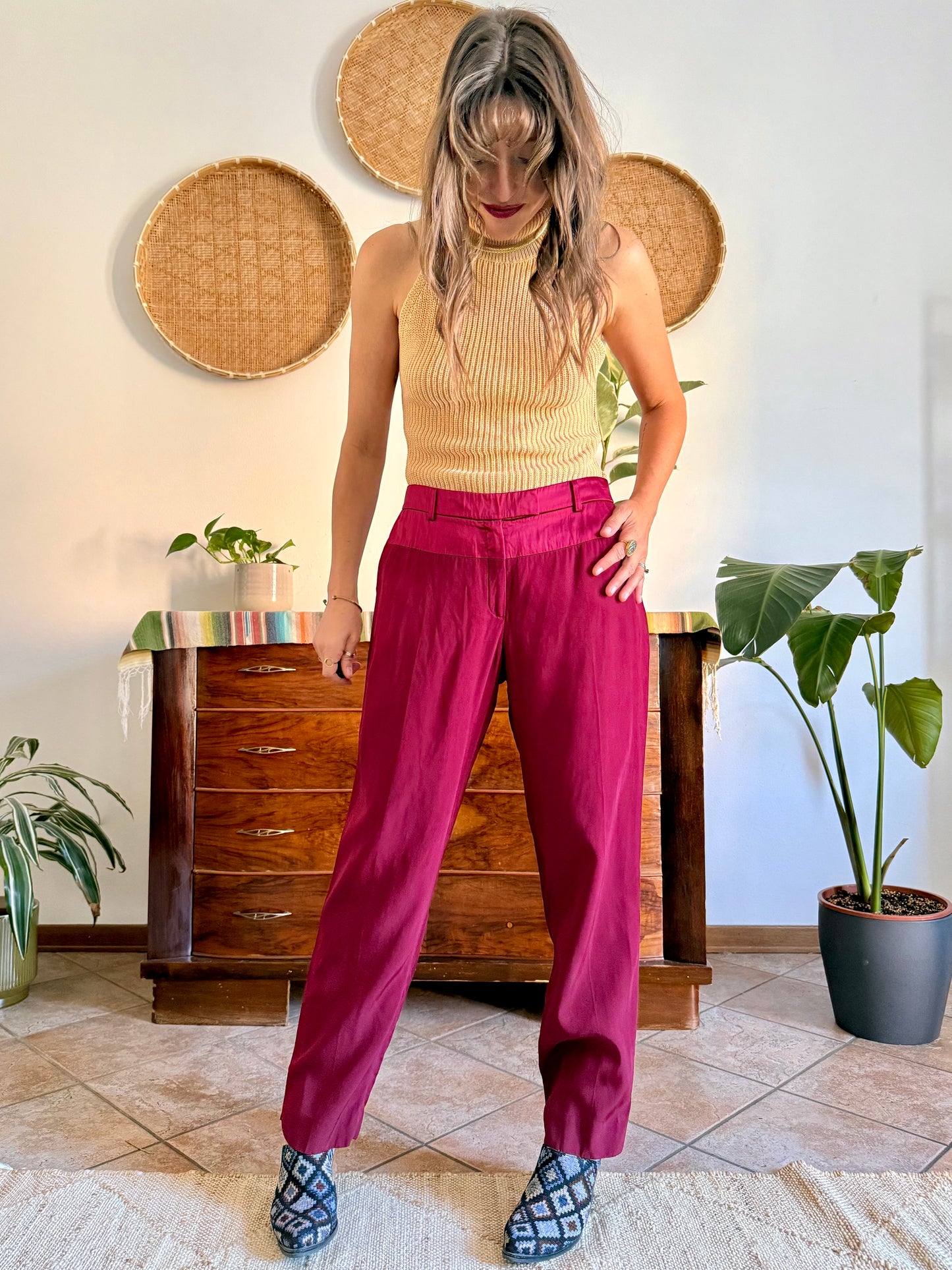 Burgundy Salvatore Ferragamo tailored trousers with satin detailing