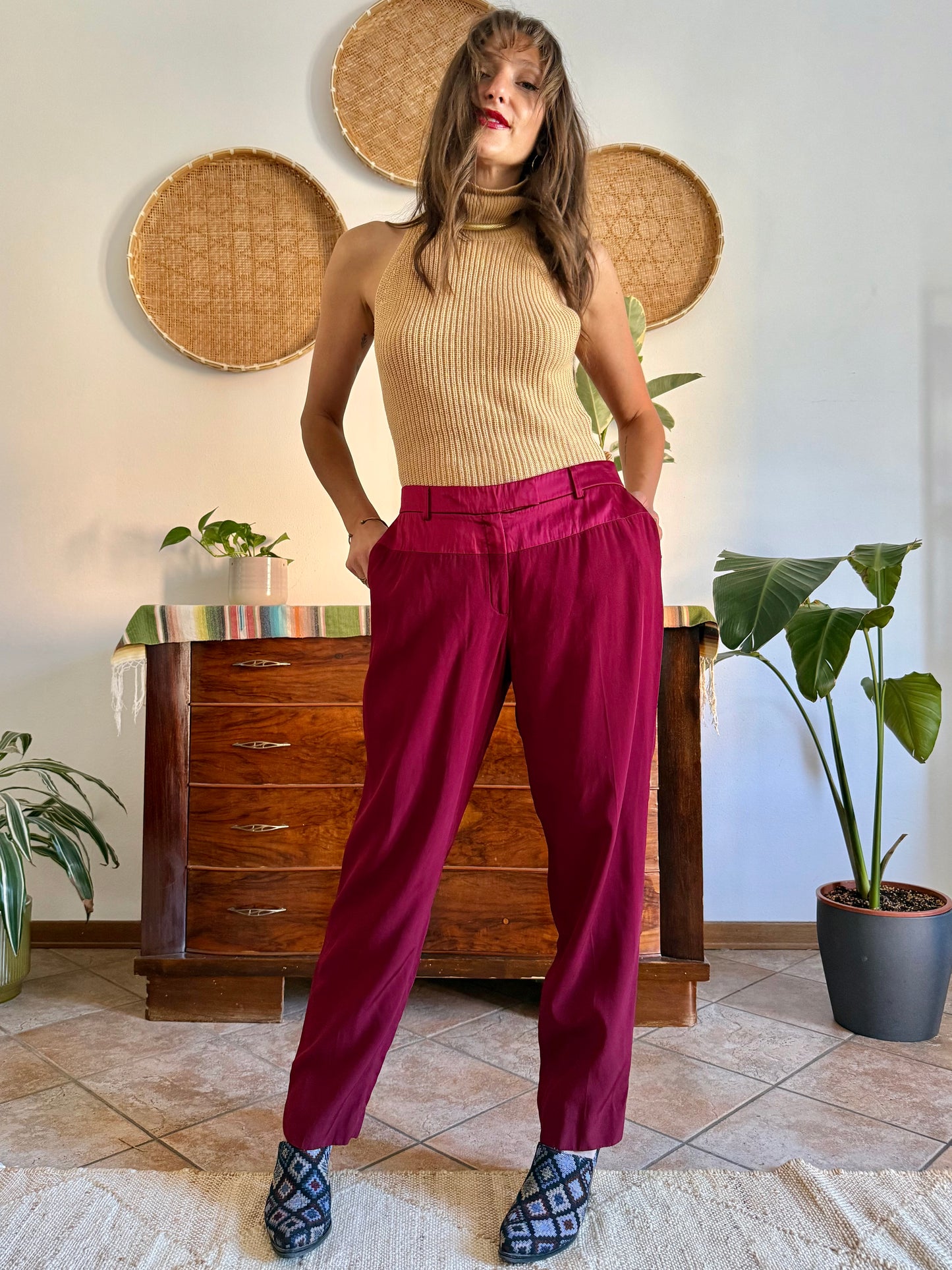 Burgundy Salvatore Ferragamo tailored trousers with satin detailing