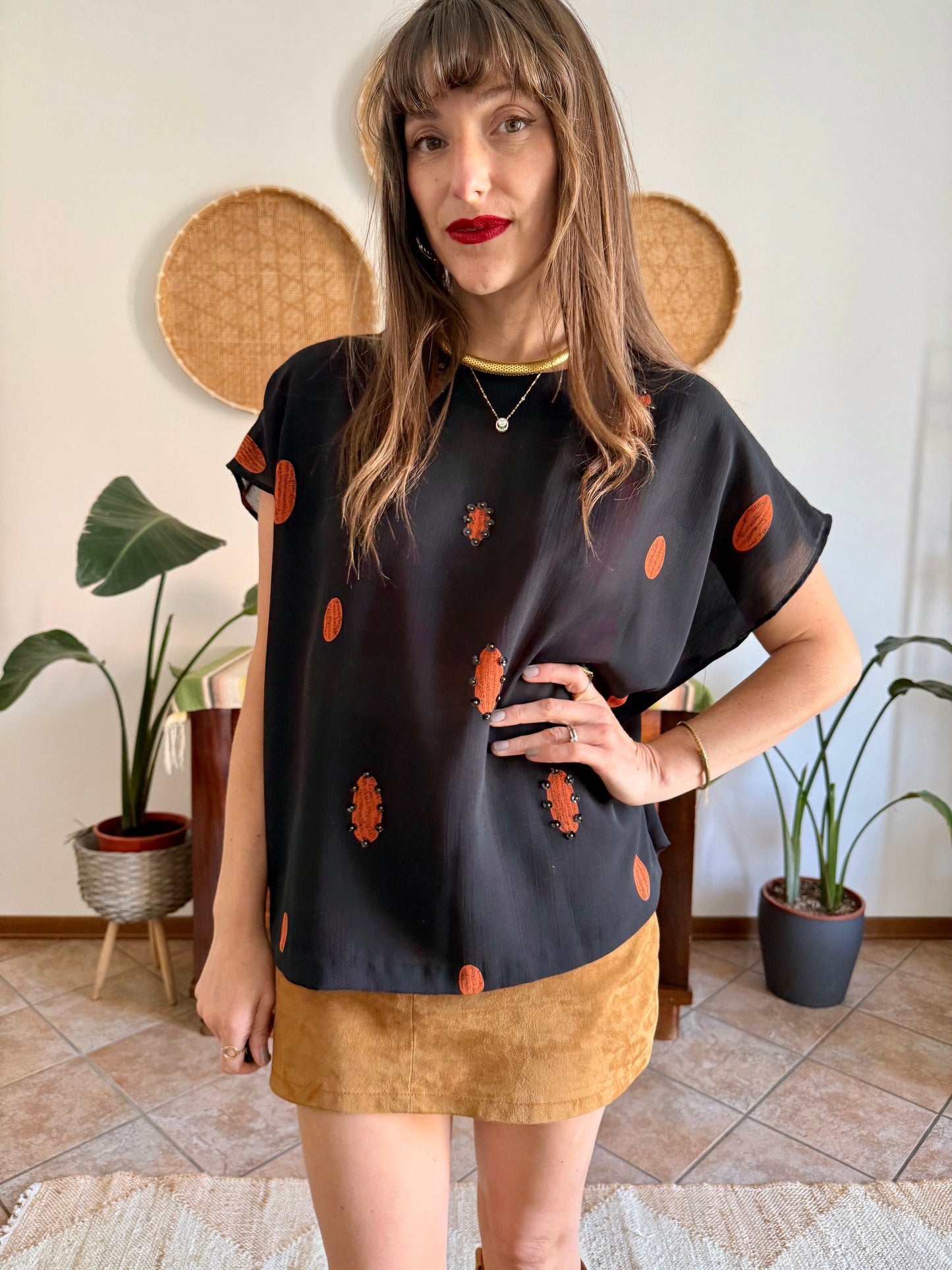 1990's vintage sheer plack and orange polka dot blouse with sequin detailing