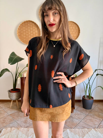 1990's vintage sheer plack and orange polka dot blouse with sequin detailing