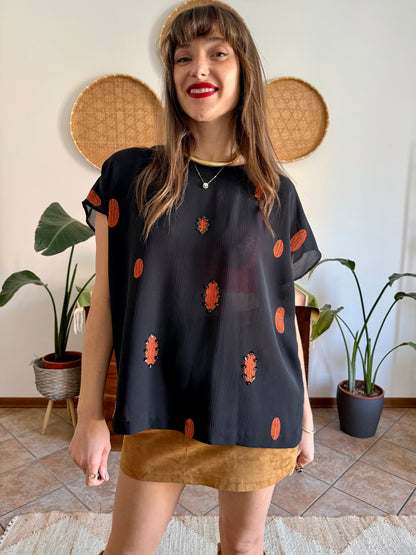1990's vintage sheer plack and orange polka dot blouse with sequin detailing