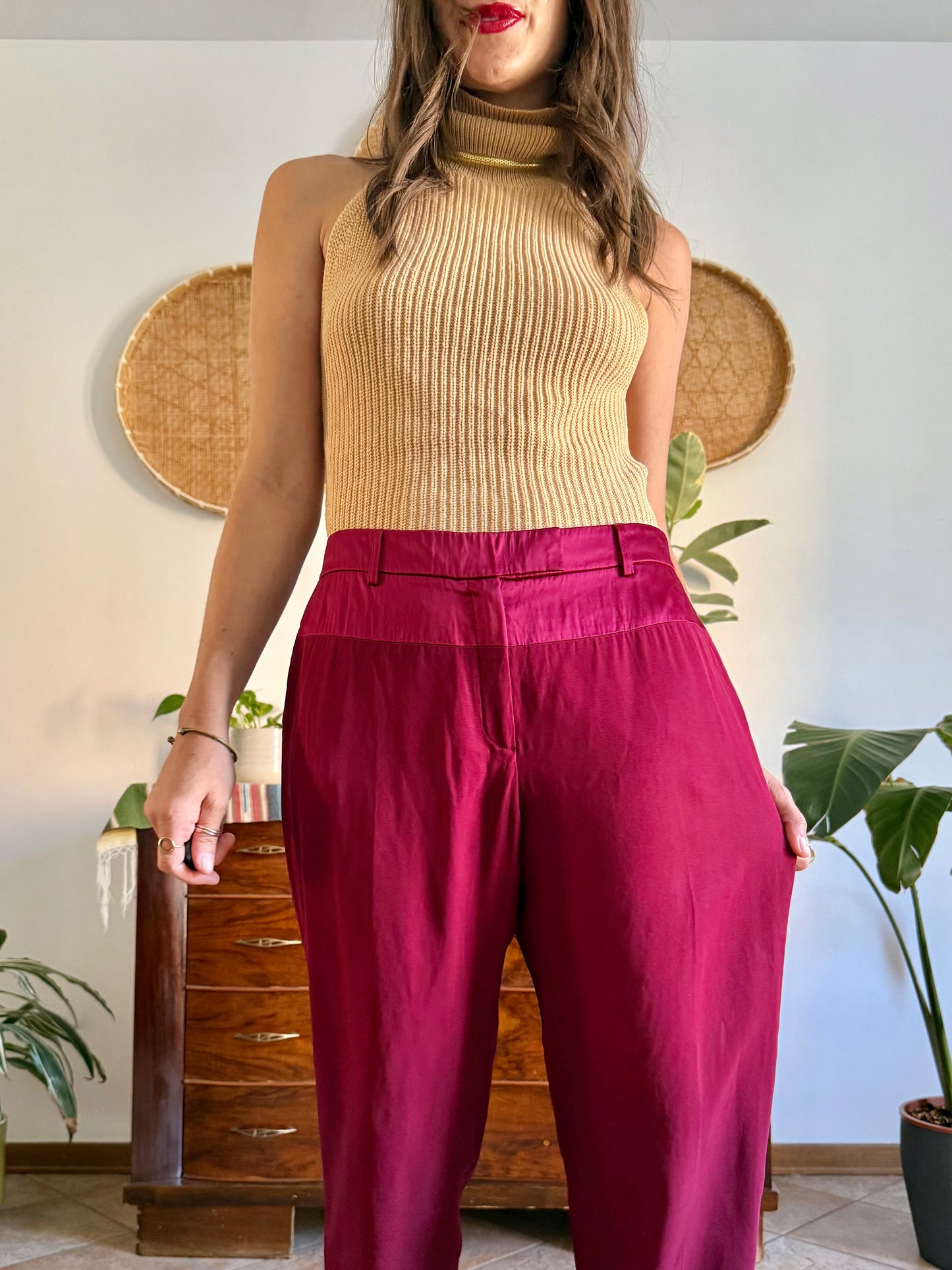 Burgundy Salvatore Ferragamo tailored trousers with satin detailing