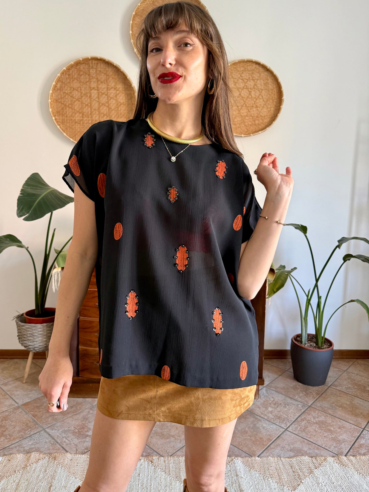 1990's vintage sheer plack and orange polka dot blouse with sequin detailing