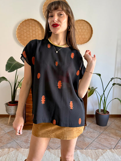 1990's vintage sheer plack and orange polka dot blouse with sequin detailing
