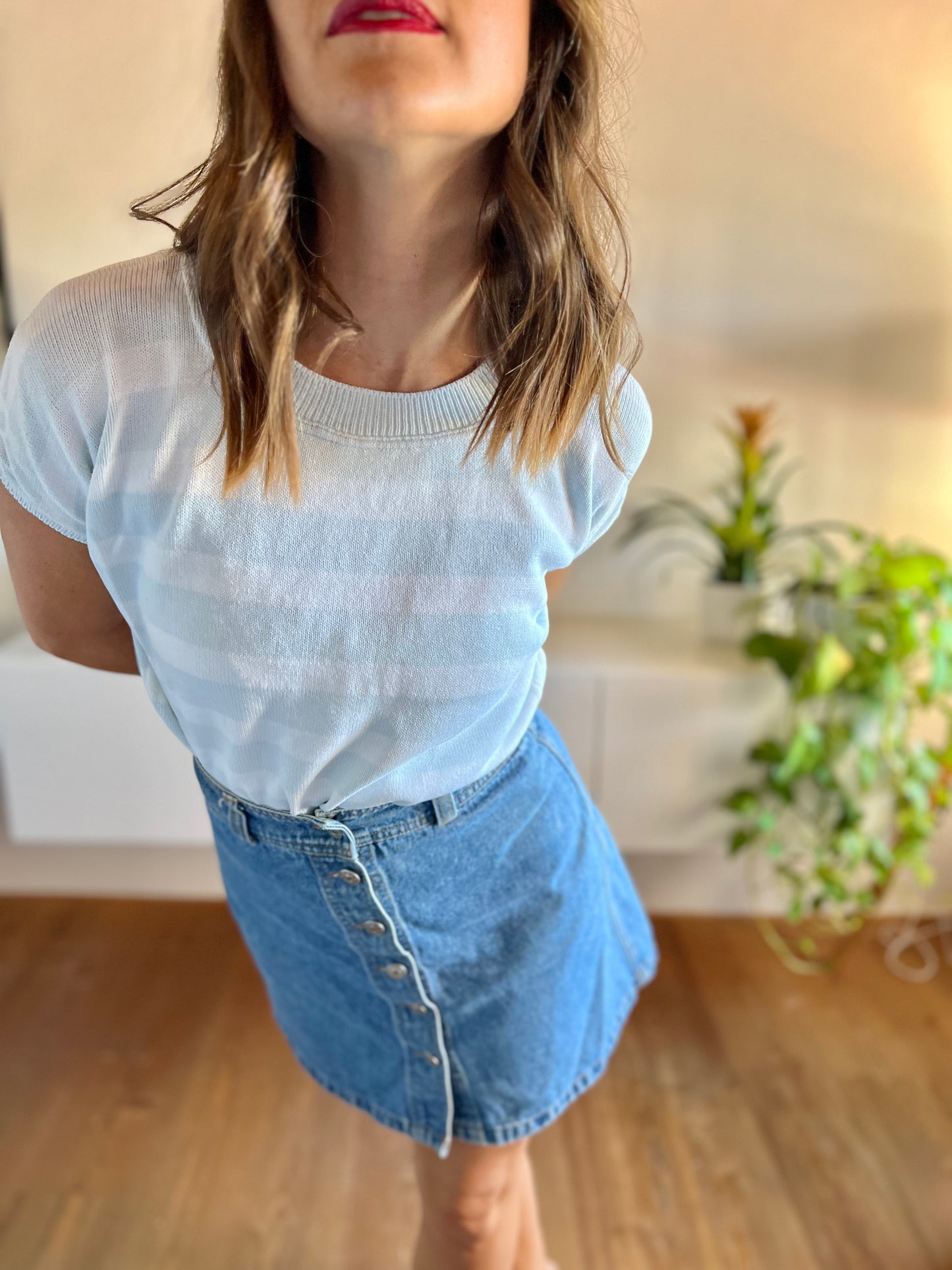 1970's vintage light blue and white stripe knit top